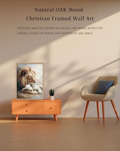 KensTro 12x16 Oak Framed Lion and Lamb Christian Wall Art