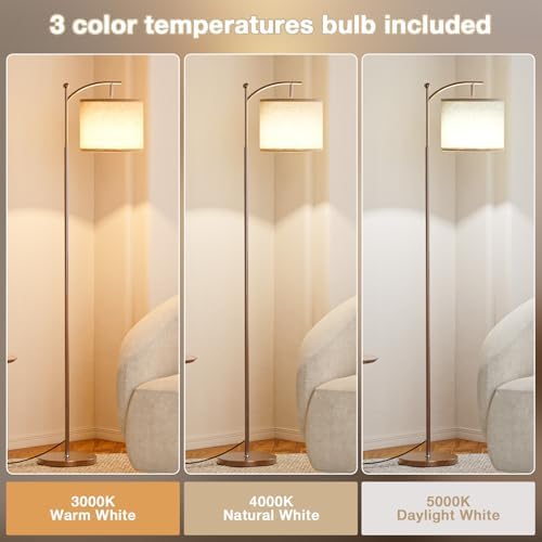 Ambimall 60" Floor Lamp for Living Room with 3 Color Temperatures, Adjustable Beige Shade with Brown Pole, Tall Lamp
