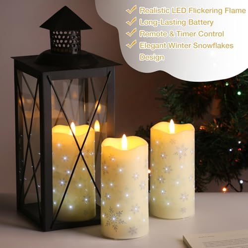 Eywamage Christmas Flameless Pillar Candles with Remote, Snowflakes Fiber Optic LED Candles Battery Operated Set of 3