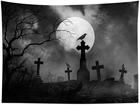 HVEST Halloween Tapestry for Bedroom, Black and White Spooky Forest Tapestry Wall Hanging Crow Full Moon Scary Halloween Wall Art for Living Room College Dorm Party Decor Backdrop,92.5W X 70.9H inches
