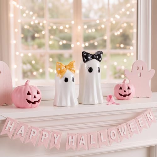 Set of 2 Halloween Ghost Figurines, White Ceramic Ghost Statue with Bowknot