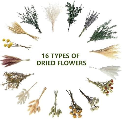 16 Varieties Dried Flowers Set, Mini Natural Dried Flowers Bulk with Stems for Vase Fillers, DIY Crafts, Wreath Making, Rustic Farmhouse Boho Home Decor, Wedding Floral Arrangement Brown Mix (7"-8")