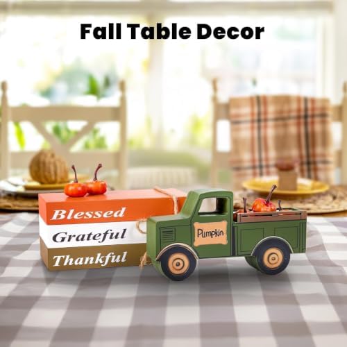 OLANRUN Fall Decor for Home, 9 Pcs Wooden Fall Table Decor with 3 Books, 3D Truck, 5 Pumpkins, Autumn Thanksgiving Decorations for Indoor Home Table Centerpieces Kitchen Tiered Tray Office Mantel