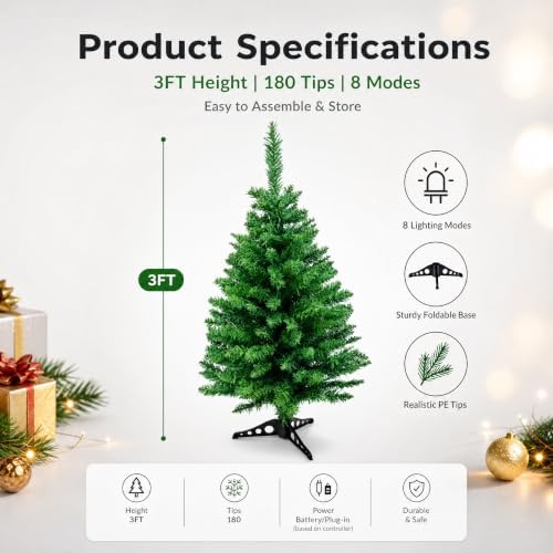 3FT Small Christmas Tree with Lights，Battery Operated