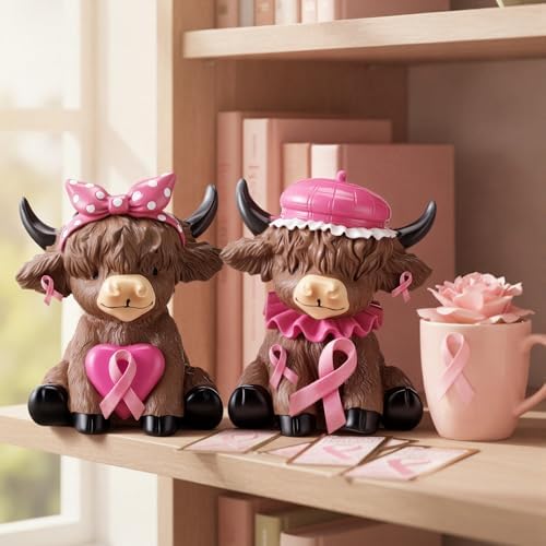Karenhi 2 Pcs Breast Cancer Awareness Highland Cow Figurines, Pink Ribbon