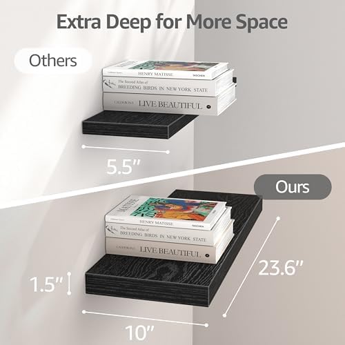 QEEIG 10" Deep Floating Shelves for Wall (Black, Set of 3, 23.6" x 10")