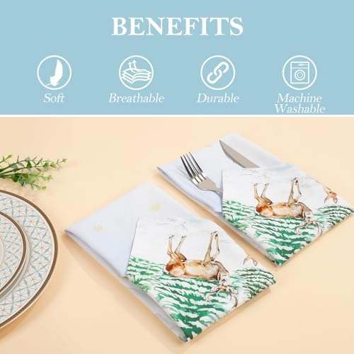Winter Pine Tree Napkins, 18×18 Inch Woodland Deer Dinner Cloth Napkins Set of 6, Washable Cotton Soft Absorbent Square Napkins for Dining Kitchen Party Wedding Decoration