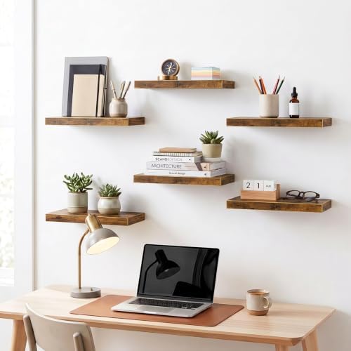 Fixwal Floating Wall Shelves for Decor (Rustic Brown, Set of 6, 15.7 Inch)