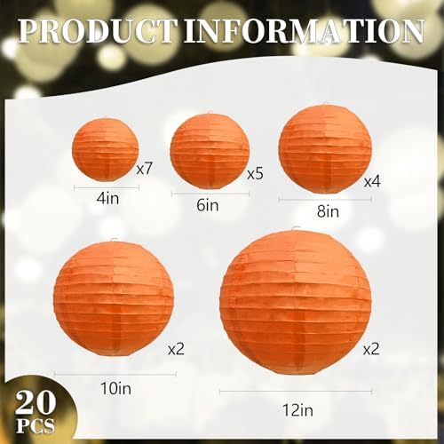 20Pcs Orange Paper Lanterns for Parties, 4” 6” 8” 10” 12” Chinese Asian Hanging Round Paper Lanterns for Birthday Wedding Halloween Christmas Home Decor Party Decor
