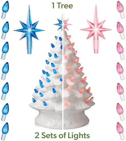 Casafield Hand Painted Ceramic Christmas Tree, White 15-Inch Pre-Lit Tree with 128 Pink and Blue Lights and 2 Star Toppers
