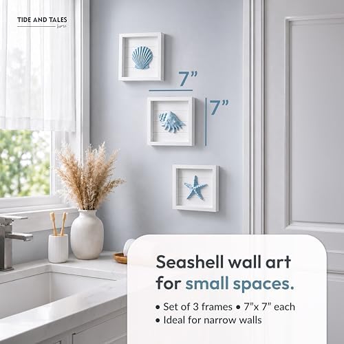 Tide and Tales 3D Coastal Wall Art, Beach Wall Decor, Framed Set of 4, Blue