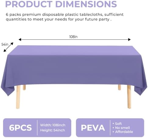 6 Pack Premium Disposable Plastic Tablecloth 54" x 108" Party Table Cloths Disposable for 6 to 8 Foot Tables Indoor or Outdoor Parties Birthdays Weddings Christmas Anniversary Buffet Table (Purple)
