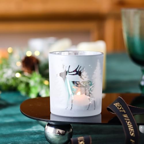 SHMILMH Christmas Votive Candle Holders Set of 4, Silver Glass Tealight Candle Holders for Xmas Table Centerpiece Decorations, Christmas Candle Jar for Making Candles Gift