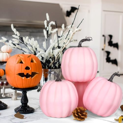 Artmag 6 Inch Large Artificial Pink Pumpkins, 4PCS Faux Foam Harvest Pumpkins for Fall Autumn Thanksgiving Seasonal Holiday Decor