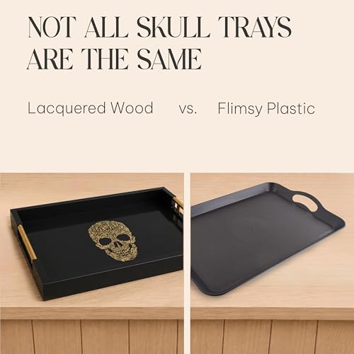 Gothic Skull Serving Tray, Black Gloss, Gold Handles by Death Decor