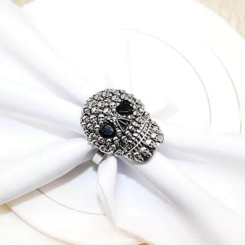 Halloween Napkin Rings Set of 6, Black Rhinestone Skull Head Napkin Holder Rings for Holiday Party Dinner Wedding Banquet Dinning Table Settings Decoration (Skull-6pc)