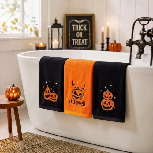 MelonBoat Halloween Hand Towels 3 Pack, Embroidered Pumpkin Halloween Kitchen Towels for Bathroom Kitchen, Soft Absorbent Halloween Hand Towels, Halloween Decor Indoor for Home, 13.7"x29.5"