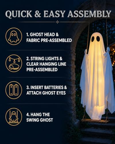 Halloween Decorations Outdoor - 5 FT Large Hanging Swing Ghost Halloween Decor with String Lights, Spooky Cute Ghosts Decorations for Front Porch Yard Tree