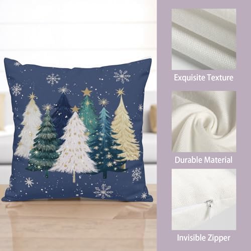 Blue Christmas Pillow Covers 20x20 Set of 2 Teal White Gold Xmas Tree Snowflakes Decorative Outdoor Throw Pillow Cases Winter Holiday Farmhouse Cushion Cover for Sofa Couch Patio