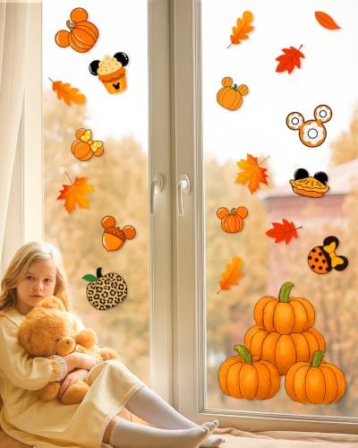 Fall Window Clings - 9 Sheets 149 Pcs Fall Decorations for Autumn Thanksgiving Harvest Home Party, Pumpkin Leaves Car Maple Castle Acorns Stickers for Glass, Double-Sided Static Window Decals