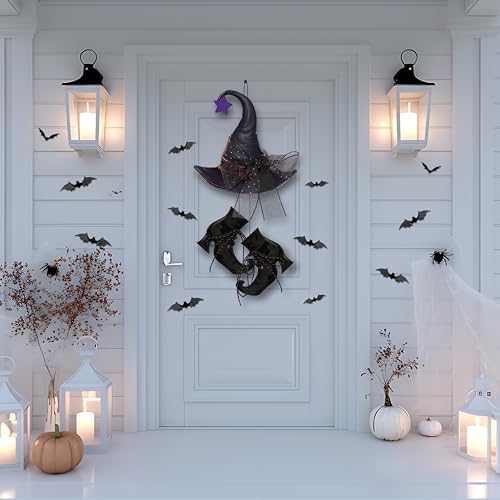 Halloween Witch Hanging Door Decor - Hocus Pocus Hat Shoes Sign Wreath Wooden Decorations with Bats for Wall Outdoor