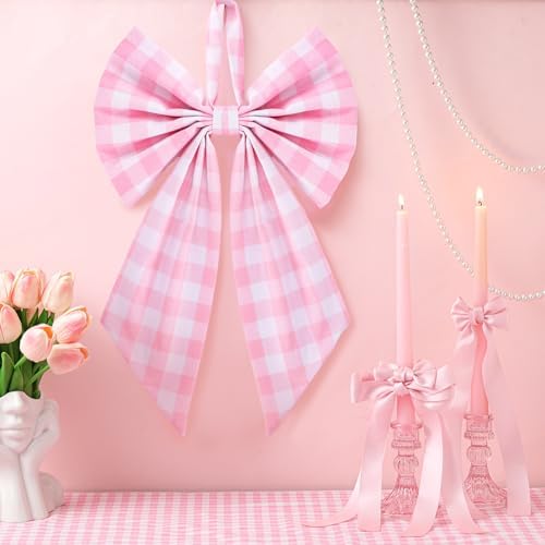 Suncalla 2 Pcs Pink Christmas Plaid Wreath Bows 18'' x 12''