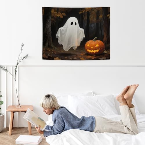 WHCHJ Gothic Halloween Ghost Pumpkin Tapestry, Dark Academia Halloween Tapestry Wall Hanging, Witchy Spooky Ghost Tapestries Wall Blanket Decor for Party Home Bedroom Living Room Dorm, 50x60 Inch
