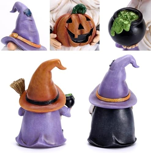Valery Madelyn Gnomes Halloween Decorations Indoor, 2 Pcs Resin Gnome Decor for Home with Witch Hat Broom Jack O Lantern Moon, Halloween Figurines Elf Dwarf for Table Tiered Tray Outdoor, 6.3"