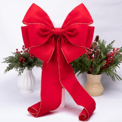 2 Pcs Large Christmas Bow, 35" x 17" Red Velvet Golden Edged Bows