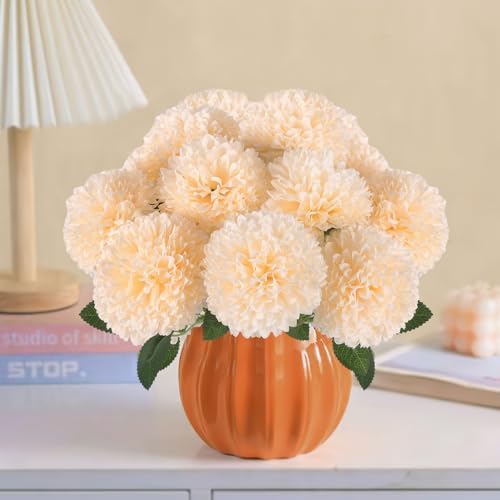 Hananona 12 Pcs Artificial Chrysanthemums Flowers Ball Flowers, Fake Mums Silk Plants for Home Decor Indoor Floral Arrangement Table Centerpiece (12, Champagne)