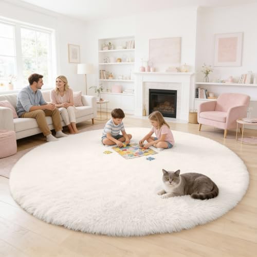 OLANLY Ivory Round Rugs for Bedroom - Machine Washable, 9 ft Circle Area Rugs for Living Room, Soft and Fluffy Shaggy