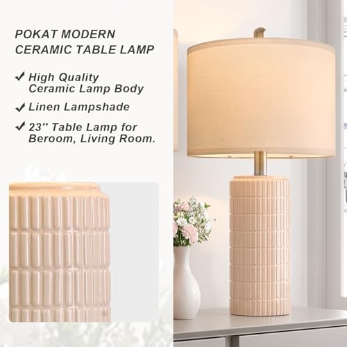 PoKat 23" Pink Ceramic Table Lamps Set of 2, Modern Bedroom Lamps for Girls Room, Bedside Lamps for Night Stands, Cute
