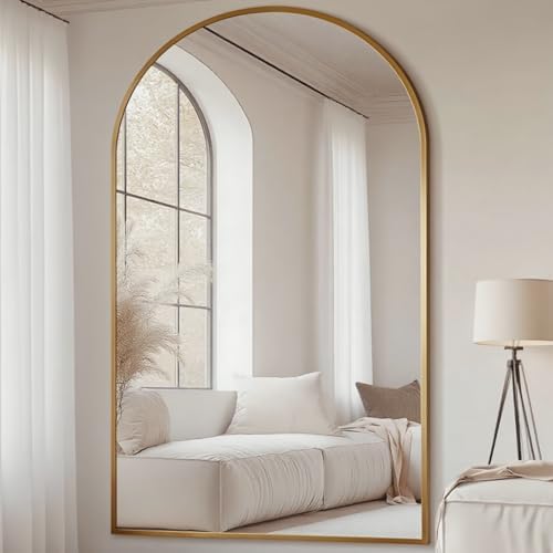 Prywot Full Length Mirror, Oversized 81"x41" Arched-Top Floor Mirror, Gold