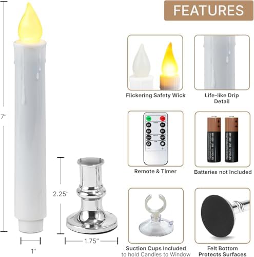 Christmas Window Candles, 9.3in Flameless Taper, Silvery, 6pcs