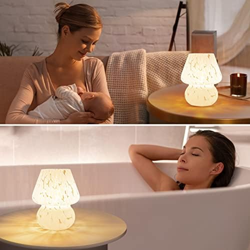 ONEWISH Mushroom Lamp Small Bedside Table Lamp-Nightstand Nightlight Dimmable Stepless, Translucent Glass White Desk