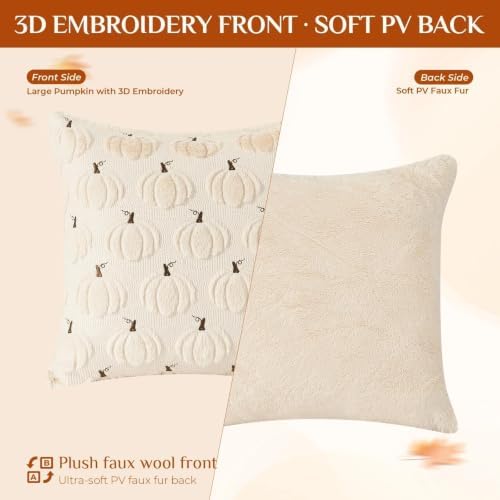 Fall Beige Pillow Covers 20x20 Set of 2 Double-Sided Pumpkin Decor
