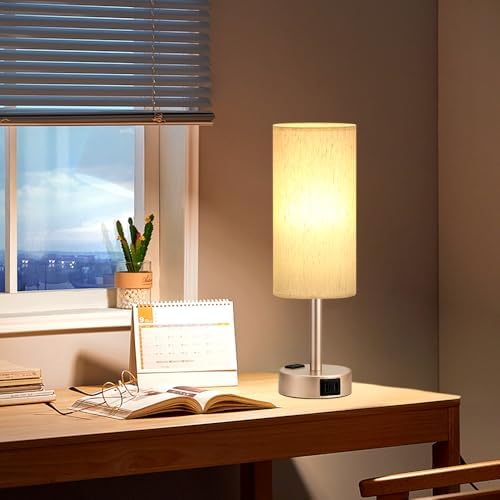 Antique White Bedside Table Lamp, Dimmable Touch Lamp, USB A+C, AC Outlet