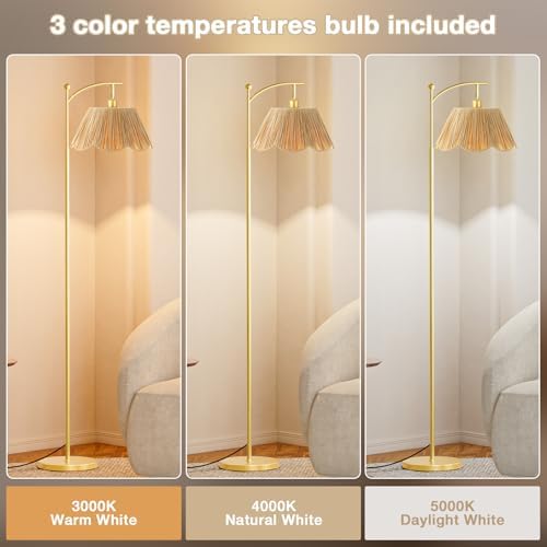 Ambimall 60" Floor Lamps for Living Room with 3 Color Temperatures, Gold Floor Lamp with Rattan Shade, Modern Tall
