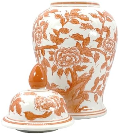 Galt International Orange & White Floral Chinoiserie Ceramic Temple Jar 18" w/Lid - Ginger Jar Home & Kitchen Decor for