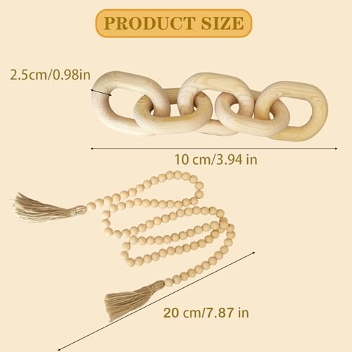 Decorative 5 Link Wooden Chain Decor and Bead Boho Farmhouse Rustic Home Table / Natural / Set of 2
