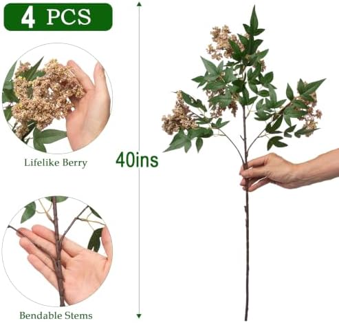 Daynight 4 Pcs Artificial Berry Stem for Vase, 40In Faux Nandina Branches Fall Floral Picks Fake Realistic Berry Spray for Wedding Autumn Farmhouse Home Decor (4, White, 40Inch)