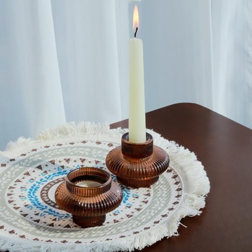 VOHO 12pcs Brownish Amber Taper Candle Holders for Fall Thanksgiving Decor