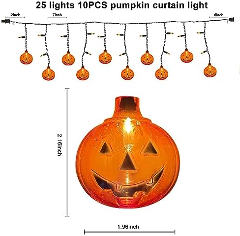 Halloween Pumpkin Icicle Lights, 7Ft Outdoor Halloween Decorations String Light with 10 Pumpkin Light 15 Mini Orange Bulbs, Plug in Pumpkin Curtain Lights for Indoor Outdoor Patio Party Holiday