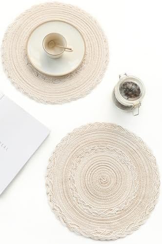 Floroom 15 Inch Round Braided Placemats Set of 4, Washable Heat Resistant Cotton Polyester Circle Boho Place Mats for Kitchen Dining Table - Canvas Beige Bordered
