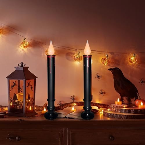 10 Pack Halloween Window Candles Lights, Battery Operated Window Candles with Timer, Flameless LED Candle with Taper Flickering Bulbs for Dining Table Halloween Decor