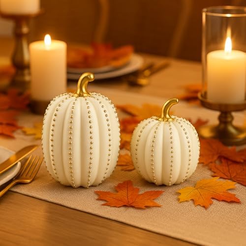 iStatue Set of 2 Decorative Pumpkins – Elegant Beaded Resin Fall Decorations, Thanksgiving Table Centerpiece, Autumn Home Decor, Glam Farmhouse Style (White)