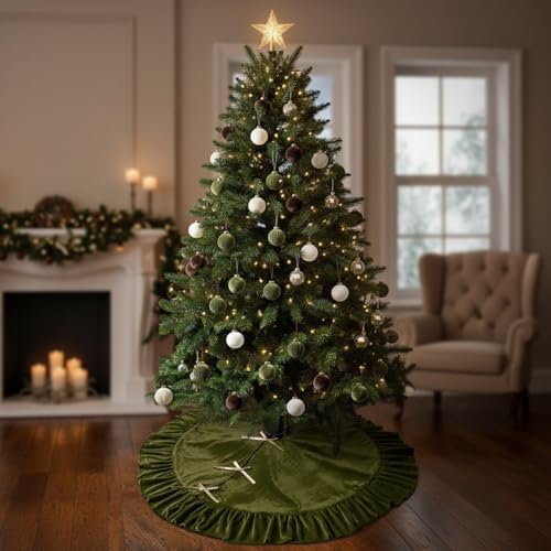 Velvet Christmas Tree Skirt, 60 Inches, Bow Style, Olive Green