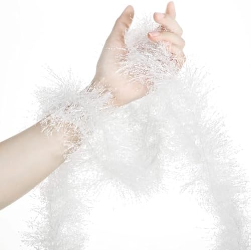 Shappy 90 ft 6 Rolls Christmas Tinsel Garland for Tree, Reflective White