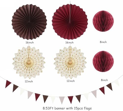 Burgundy Brown Beige Boho Party-Decorations - 20pcs Dusty Pink Fall Birthday Paper Lanterns Fans,Tissue Pom Poms,Honeycomb Balls,Autumn Wedding Bridal Shower Rustic Neutral Baby Decor Burgleda