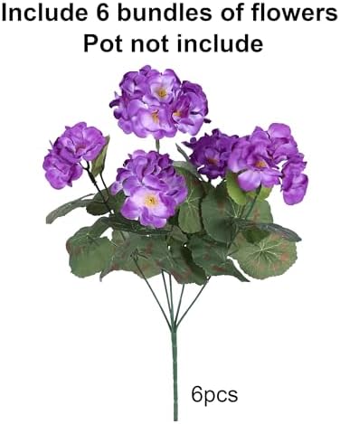 Artificial Geranium Fake Flowers for Outdoors Decoration, 6 Bundles Silk Geraniums Flower UV Resistant Look Real Faux Plants for Outside Planter Front Door Garden Patio Balcony Yard Home, Purple